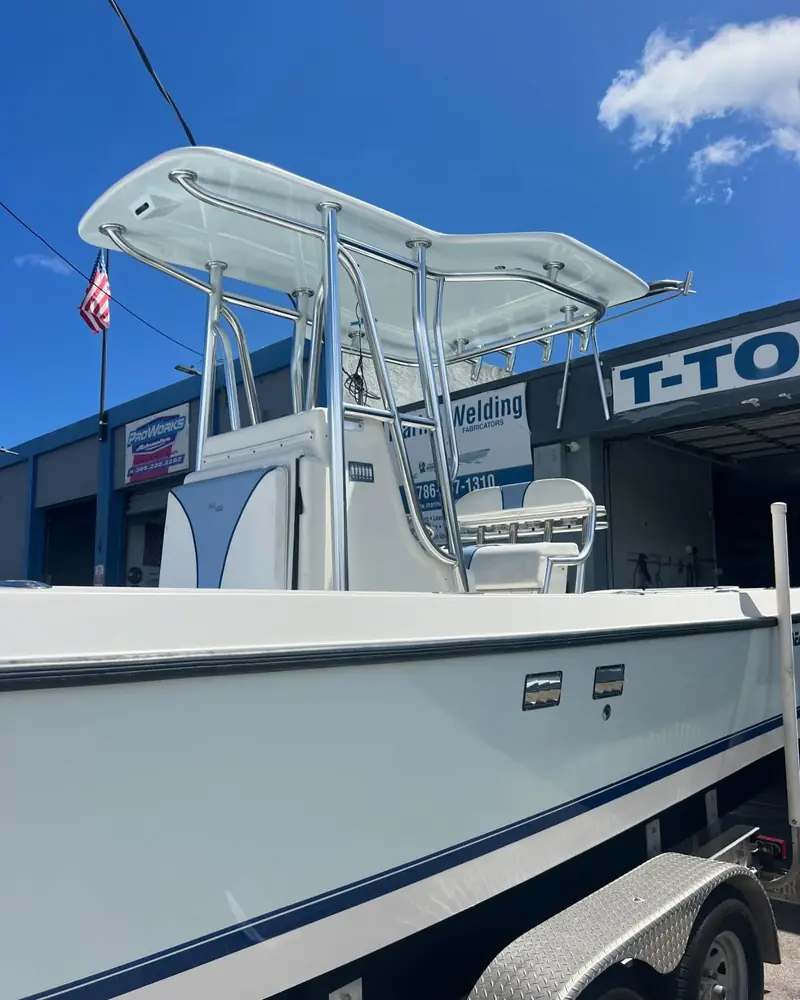 Key West style hard top with rod holders on a SeaVee center console