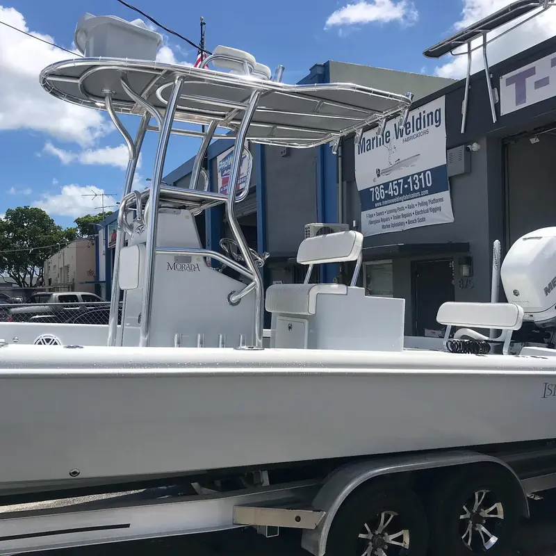 Stand-thru second station and custom T-top on an Islamorada bay boat