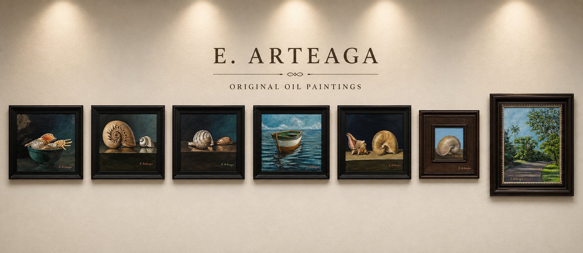 A gallery wall of framed original oil paintings by E. Arteaga, lit from above.
