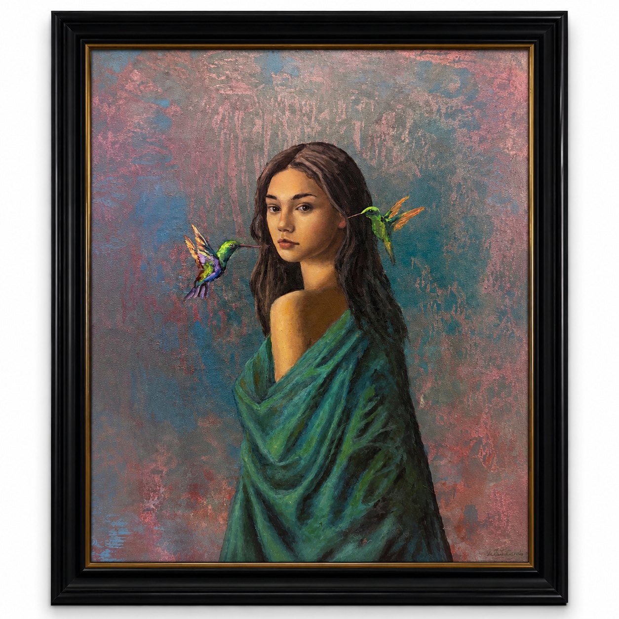 Oil painting of a woman in a green wrap with two hummingbirds