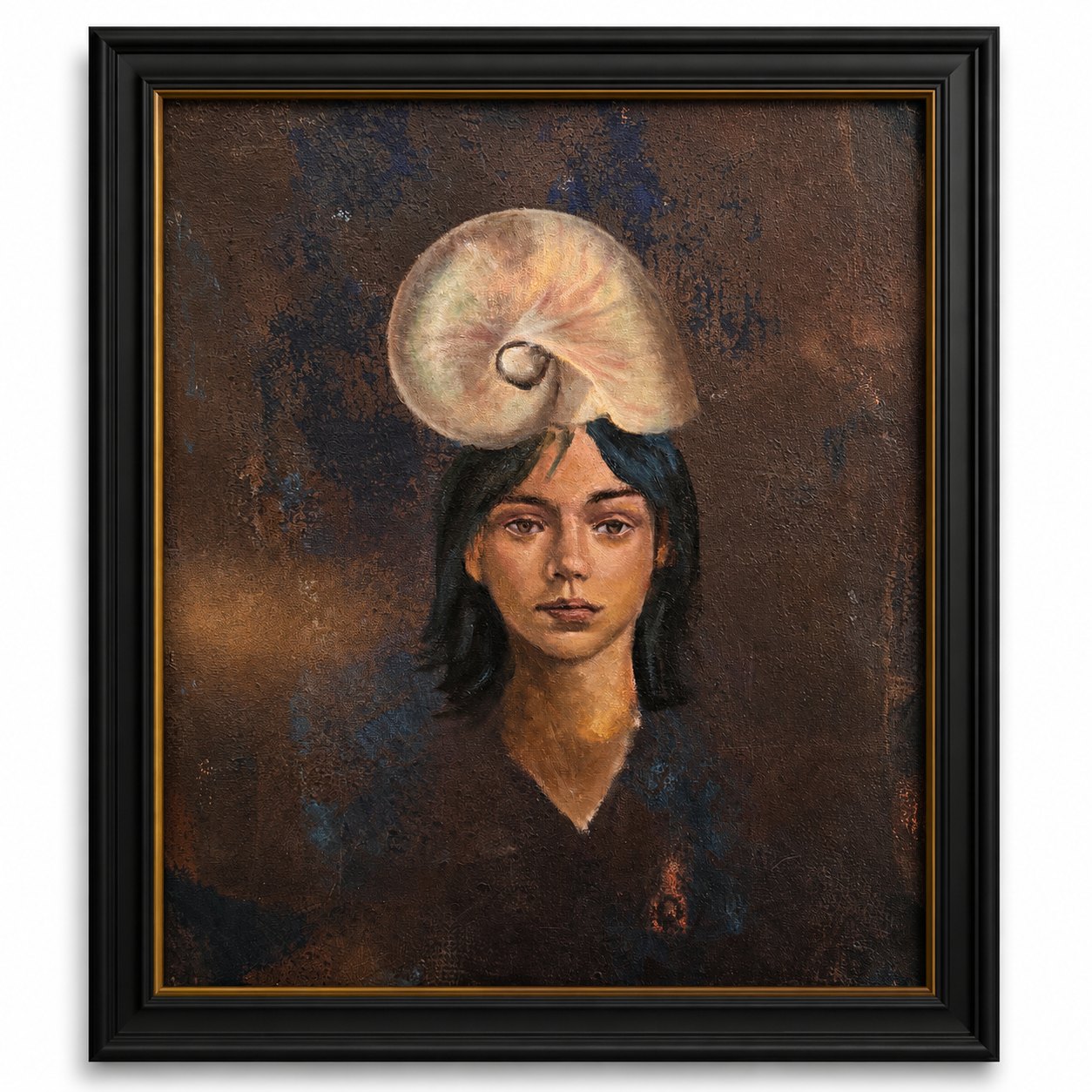 Oil portrait of a young woman with a nautilus shell above her head against a dark ground