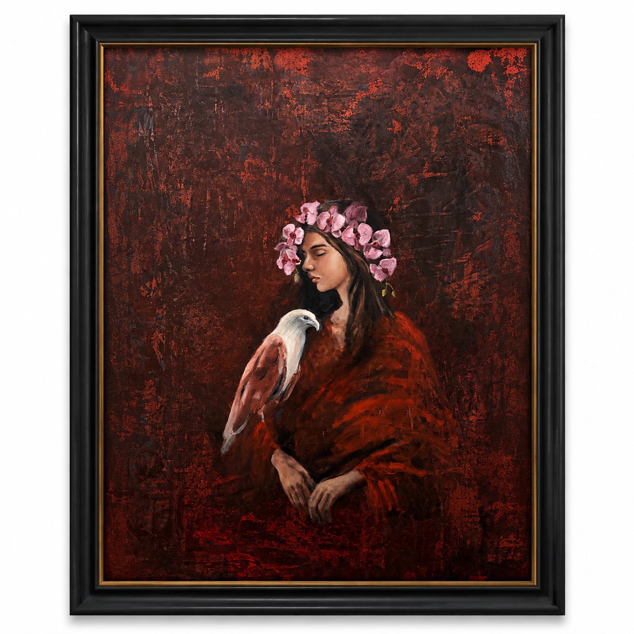 Oil portrait of a woman in red with orchids in her hair and a white-headed sea eagle