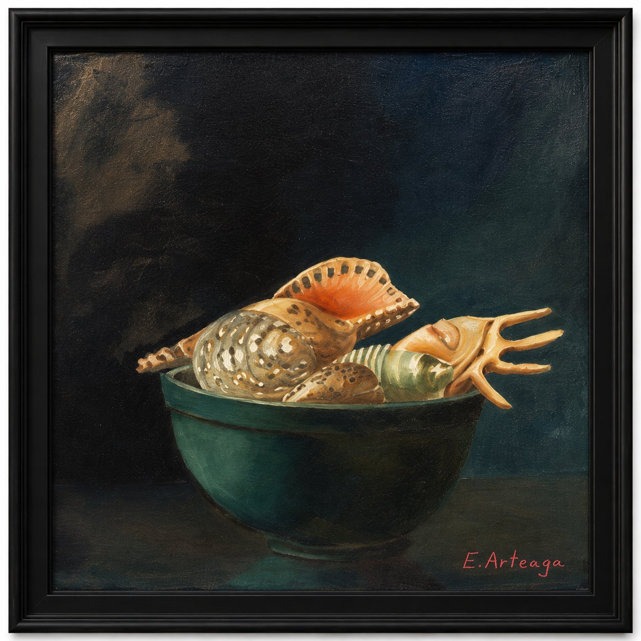 Oil still life of seashells in a green bowl against a dark background