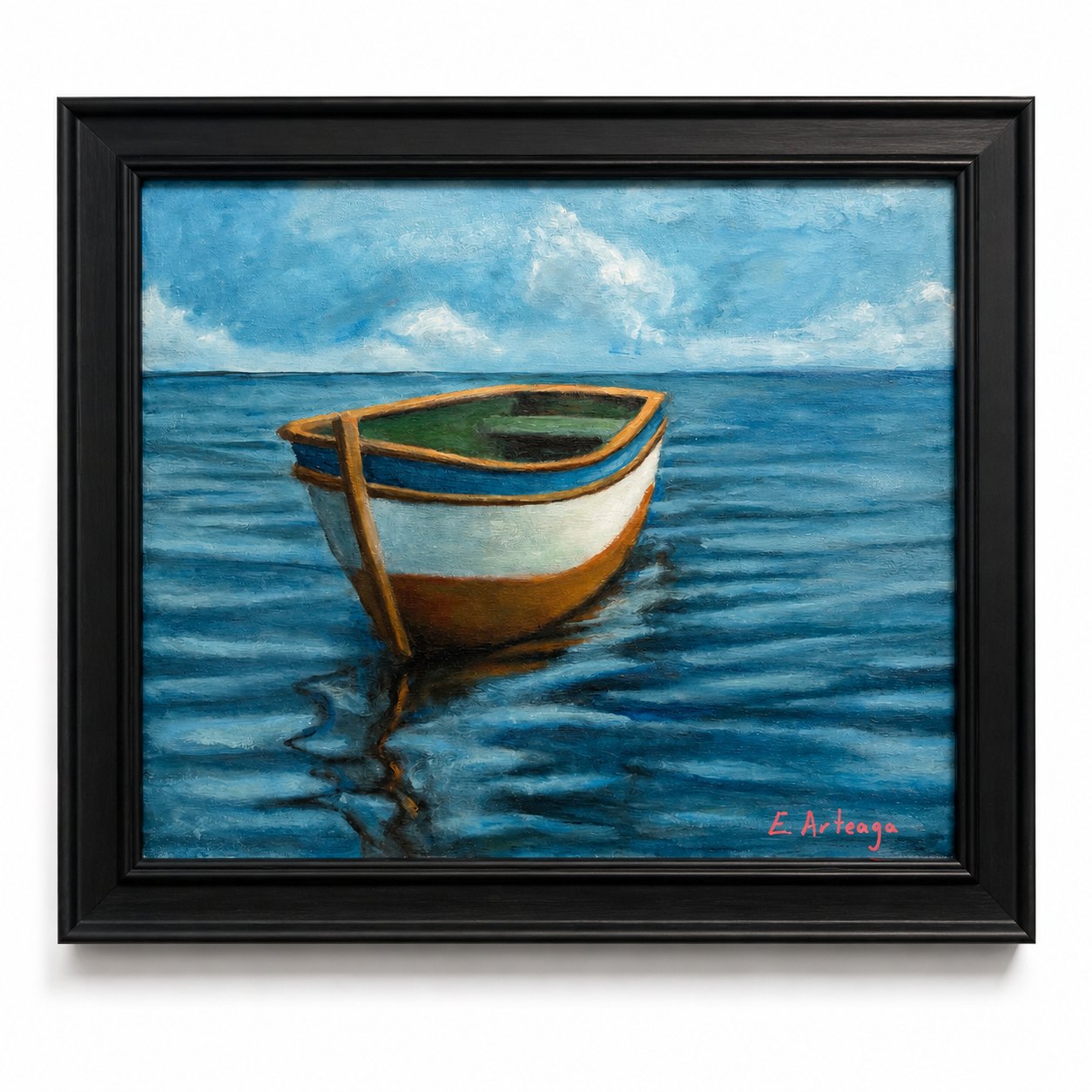 Oil painting of a small boat at anchor on calm blue water