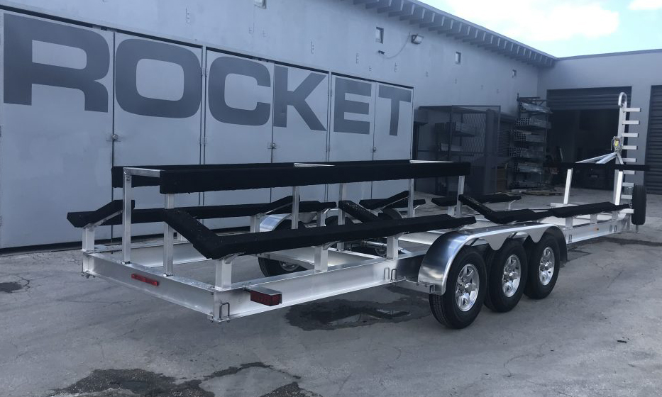 Rocket aluminum catamaran trailer with twin bunk sets