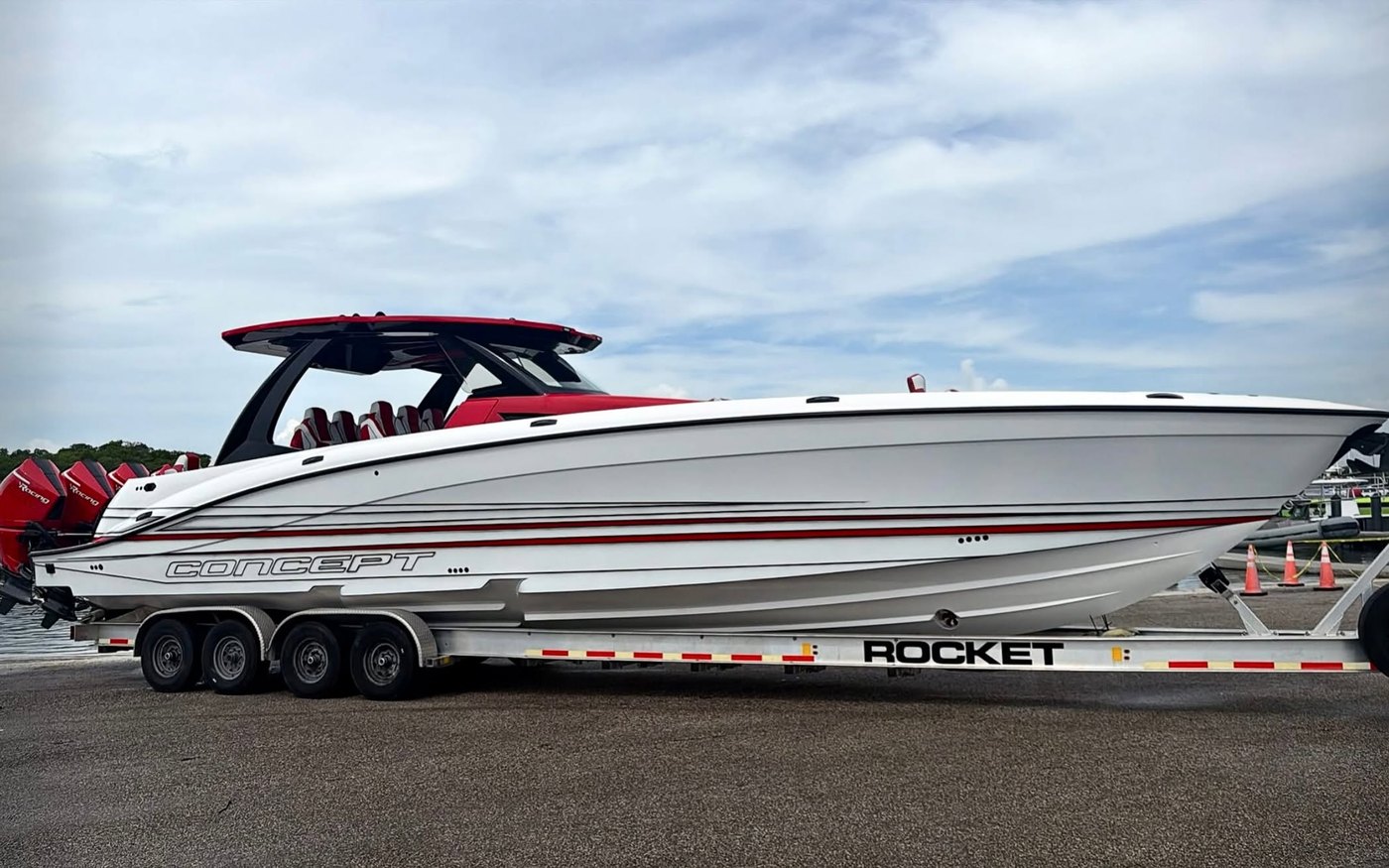 Concept powerboat on a Rocket quad axle aluminum trailer